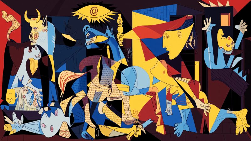 A Picasso-style abstract hero image depicting interconnected email icons, sound waves, and diverse human figures, merging technology and inclusivity.