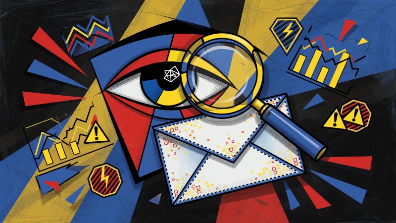 A Picasso-style abstract painting of a human eye with a magnifying glass inspecting a digital envelope surrounded by floating graphs and warning symbols, symbol