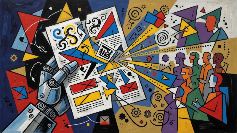 A Picasso-style abstract painting depicting a robotic hand composing a vibrant, fragmented email newsletter with swirling text, bold call-to-action buttons, and