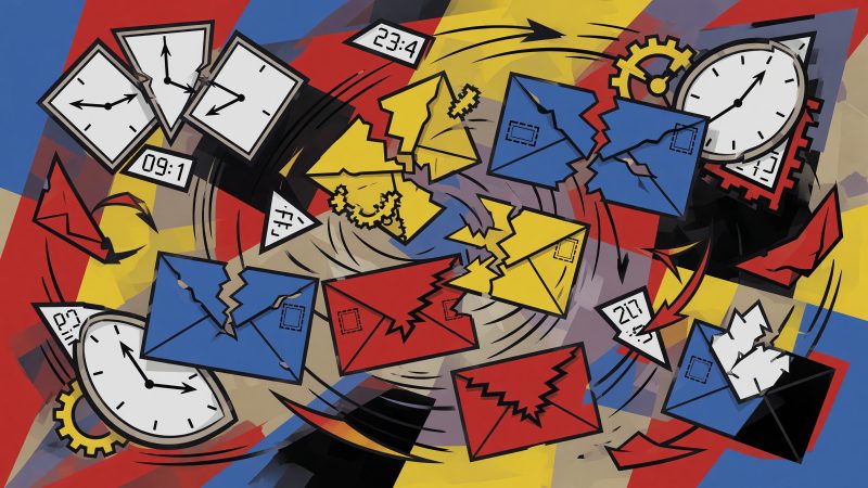 A Picasso-style abstract painting of fragmented digital clocks and envelopes swirling in a vibrant cubist space, symbolizing the psychological deconstruction of