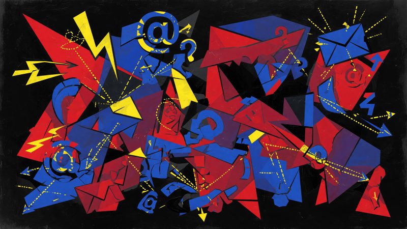 A Picasso-style abstract painting of colorful, fragmented faces expressing joy, anger, and curiosity, intertwined with email symbols and glowing data streams, r