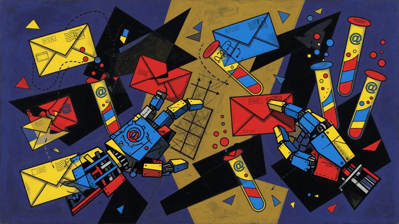Abstract cubist illustration of a robot hand sorting colorful geometric email icons and test tubes, symbolizing AI-driven email optimization and experimentation