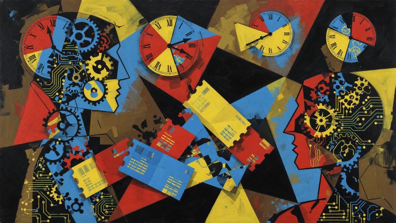 A Picasso-style abstract composition featuring fragmented clock faces, multicolored appointment cards, and human profiles merging with digital gears and circuit