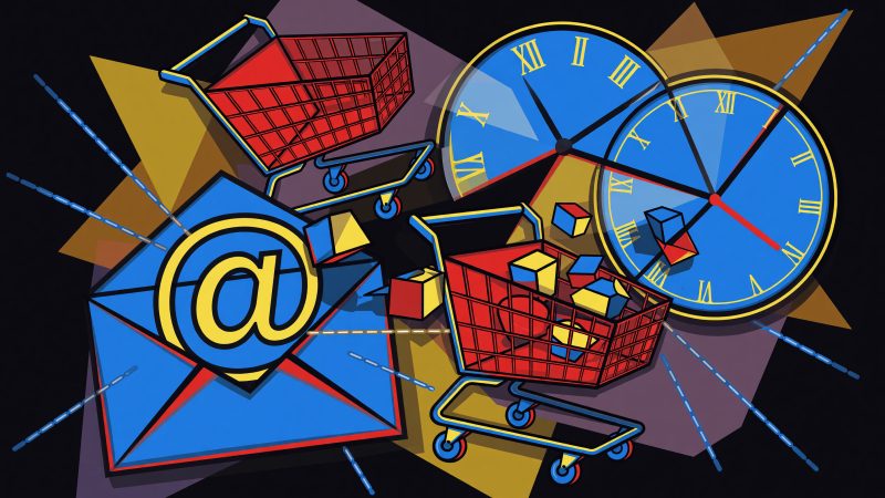 An abstract cubist painting merging a shopping cart, a clock face, and an email symbol in bold, fragmented shapes, illustrating AI-powered restock alerts.