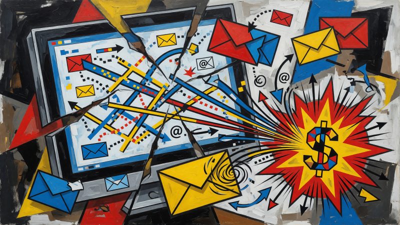 An abstract Picasso-style painting depicting a fragmented computer screen with colorful browsing paths and email symbols converging into a sale, symbolizing AI-