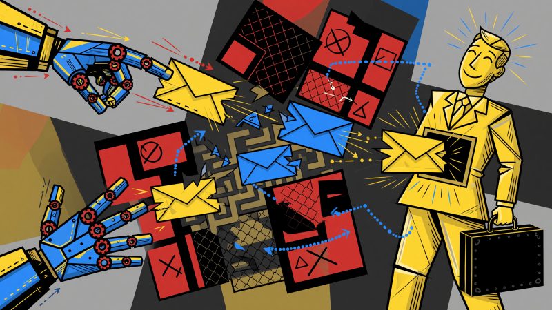 An abstract Picasso-style painting of a robotic hand firing a personalized email through a maze of spam filters toward a smiling business person, symbolizing AI