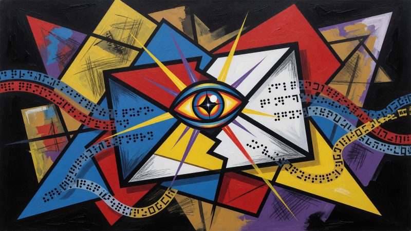 An abstract Picasso-style painting depicting a fragmented, colorful email icon with a glowing eye at its center, surrounded by flowing lines of braille and bina