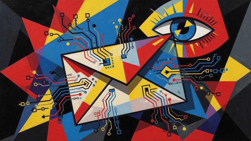 A Picasso-style abstract hero image showing a stylized email envelope intertwined with AI circuitry, vibrant contrasting color blocks, and a human eye, symboliz