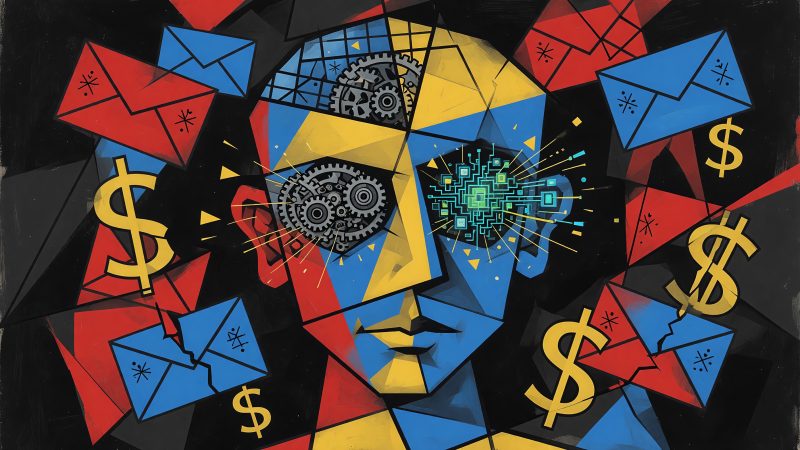 Abstract Picasso-style painting of a human head with gears and digital circuits replacing eyes, surrounded by floating envelope icons and dollar signs, symboliz