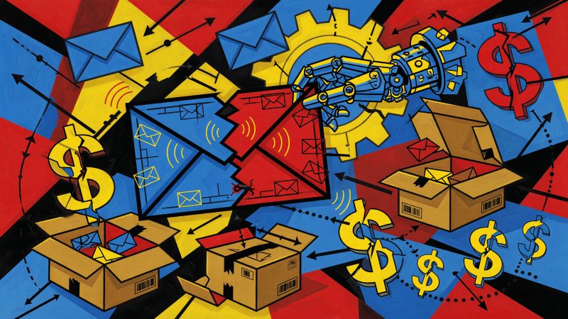 An abstract Picasso-style hero image blending fractured email icons, robotic hands, dollar signs, and product parcels in a vivid cubist composition, symbolizing