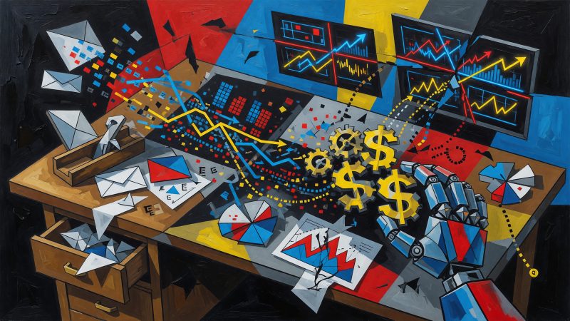 A Picasso-style abstract painting of a marketer's desk morphing into a futuristic dashboard, with fragmented charts, glowing data streams, and a robotic hand tu