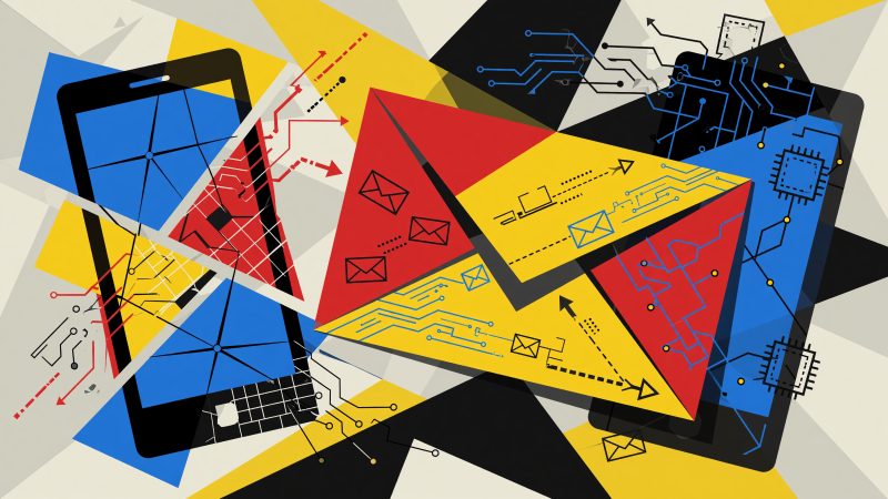 A Picasso-style abstract hero image featuring fragmented, intersecting shapes of smartphones, envelopes, and circuit-like patterns in bold primary colors, symbo