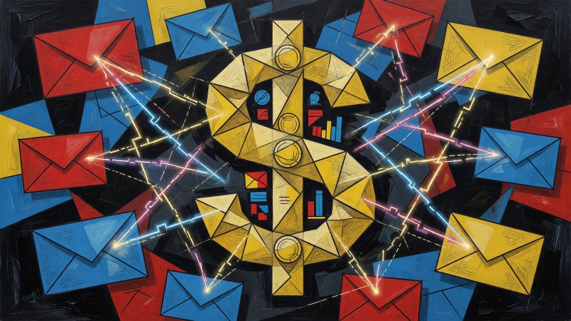 A Picasso-style abstract illustration of a vibrant, geometric web where colorful, sharp-angled email touchpoints connect through glowing lines to a central, fac