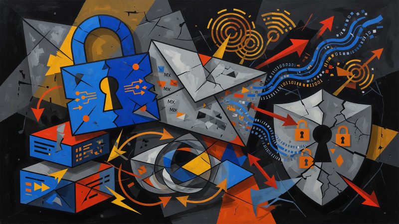 A Picasso-style abstract hero image depicting AI-powered email authentication, with fragmented geometric shapes of DNS symbols, padlocks, and flowing data strea