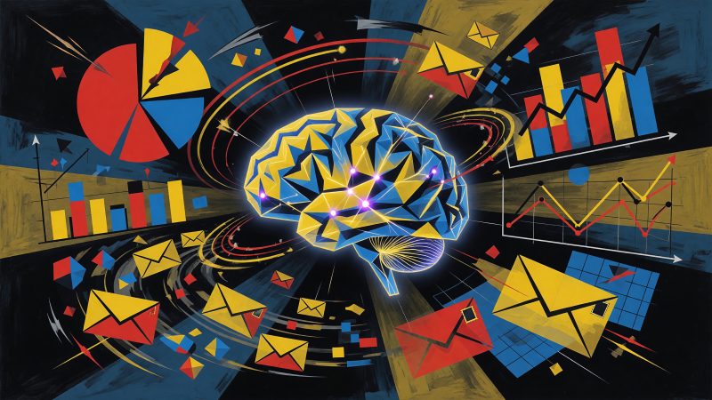 A Picasso-style abstract painting of a dynamic dashboard with fragmented, colorful charts, percentile curves, and email icons swirling around a glowing AI brain