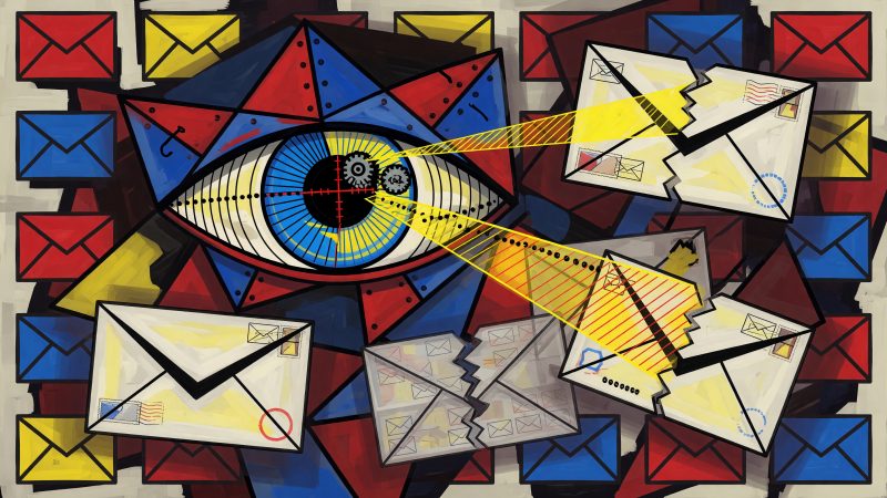A Picasso-style abstract illustration of a robotic eye scanning email envelopes against a backdrop of fragmented, colorful inbox icons.
