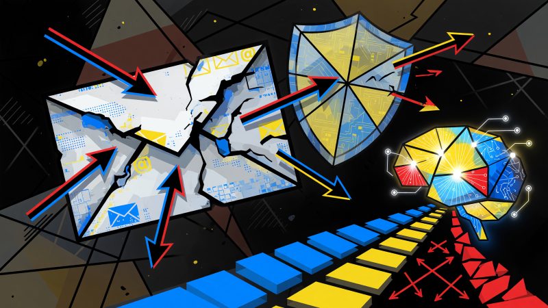 A Picasso-style abstract hero image depicting a fractured digital envelope with arrows bouncing off a shield, and a glowing, geometric AI brain sorting the frag