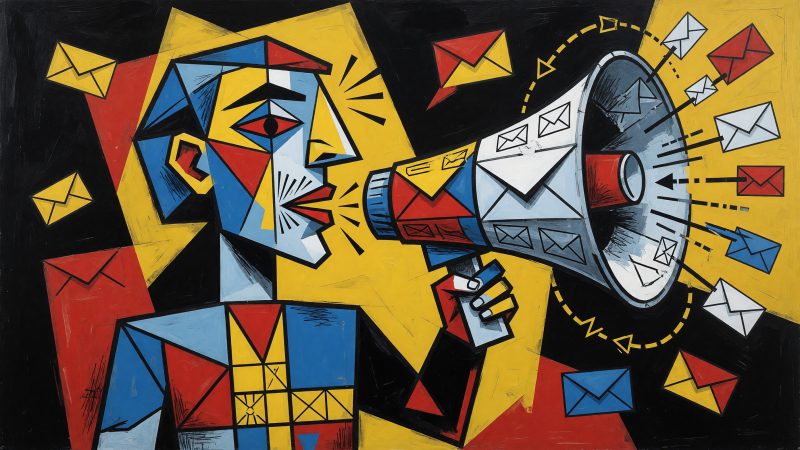 Abstract Picasso-style cubist painting of a person speaking into a megaphone made of email envelopes, with fragmented facial features and bold colors representi