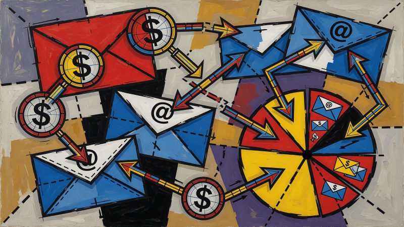 A Picasso-style abstract painting depicting interconnected email icons, magnifying glasses analyzing dollar signs, and flowing arrows forming a budget pie chart