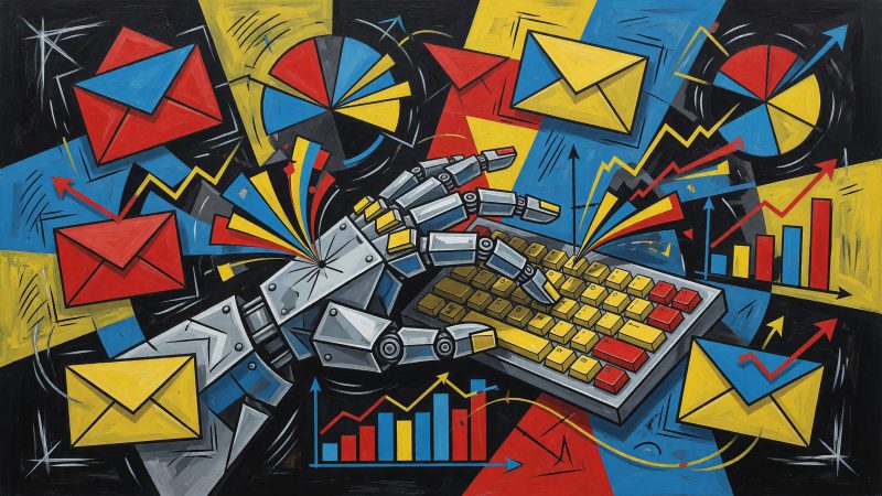 An abstract Picasso-style painting depicting a robotic hand typing on a keyboard, with email icons and colorful marketing graphs swirling in a vibrant, fragment