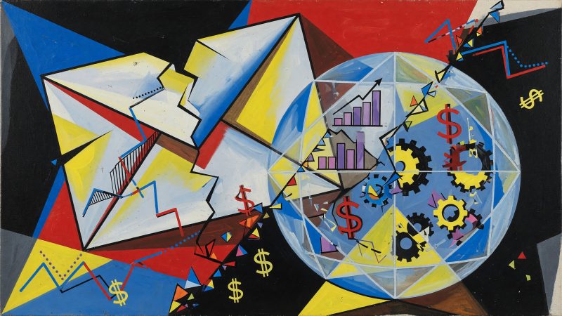 A Picasso-style abstract painting depicting a futuristic email envelope morphing into a crystal ball, with graphs, dollar signs, and clock gears splintered into