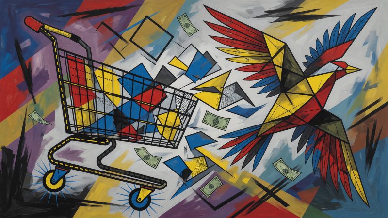 A Picasso-style abstract painting of a shopping cart transforming into a flying bird, with fragmented geometric shapes and vibrant colors, symbolizing lost sale