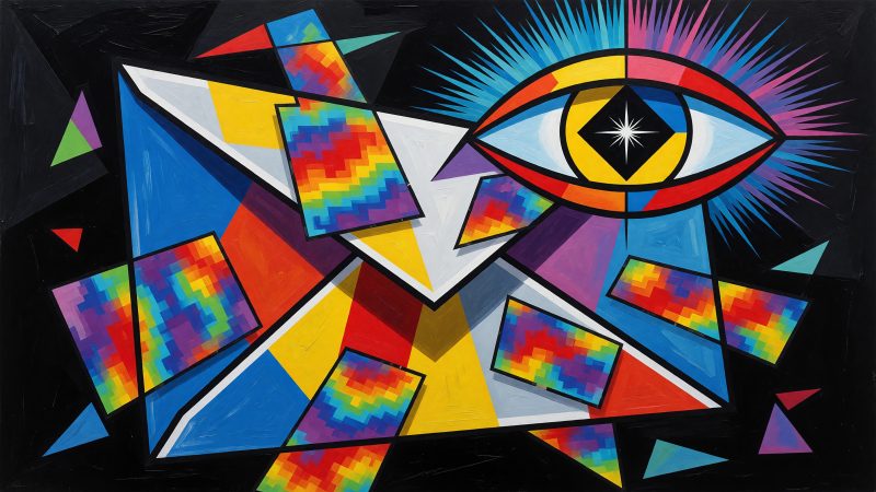 A Picasso-style abstract composition of an email envelope with fragmented, colorful heatmap patterns and a glowing eye symbolizing predictive AI vision.