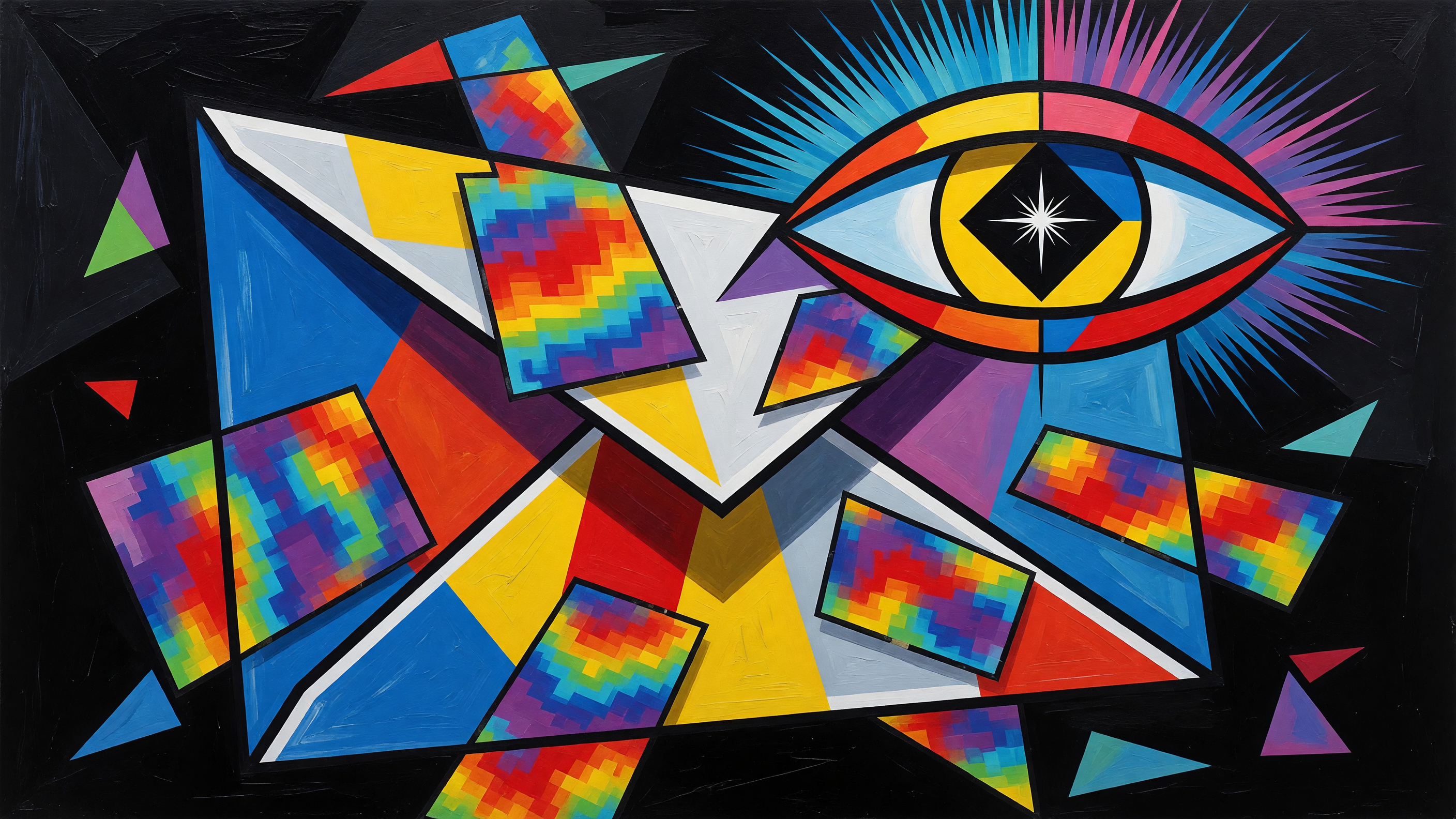 A Picasso-style abstract composition of an email envelope with fragmented, colorful heatmap patterns and a glowing eye symbolizing predictive AI vision.