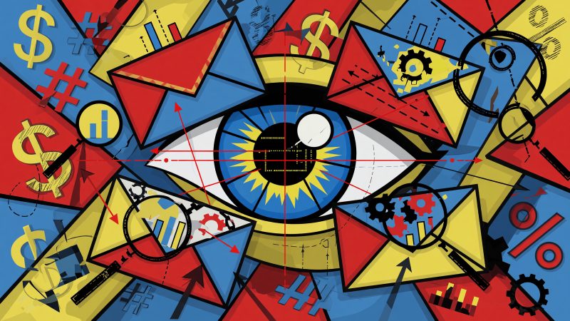 A Picasso-style abstract painting of a giant digital eye dissecting multiple overlapping email envelopes into cubist fragments, interwoven with gears, bar chart