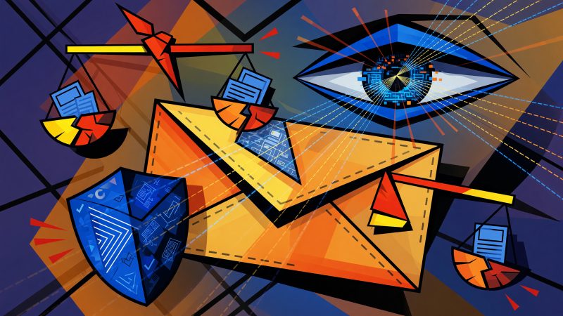 A Picasso-style abstract painting of a stylized email envelope being scanned by a futuristic eye, with geometric legal symbols like a balance scale, shield, and