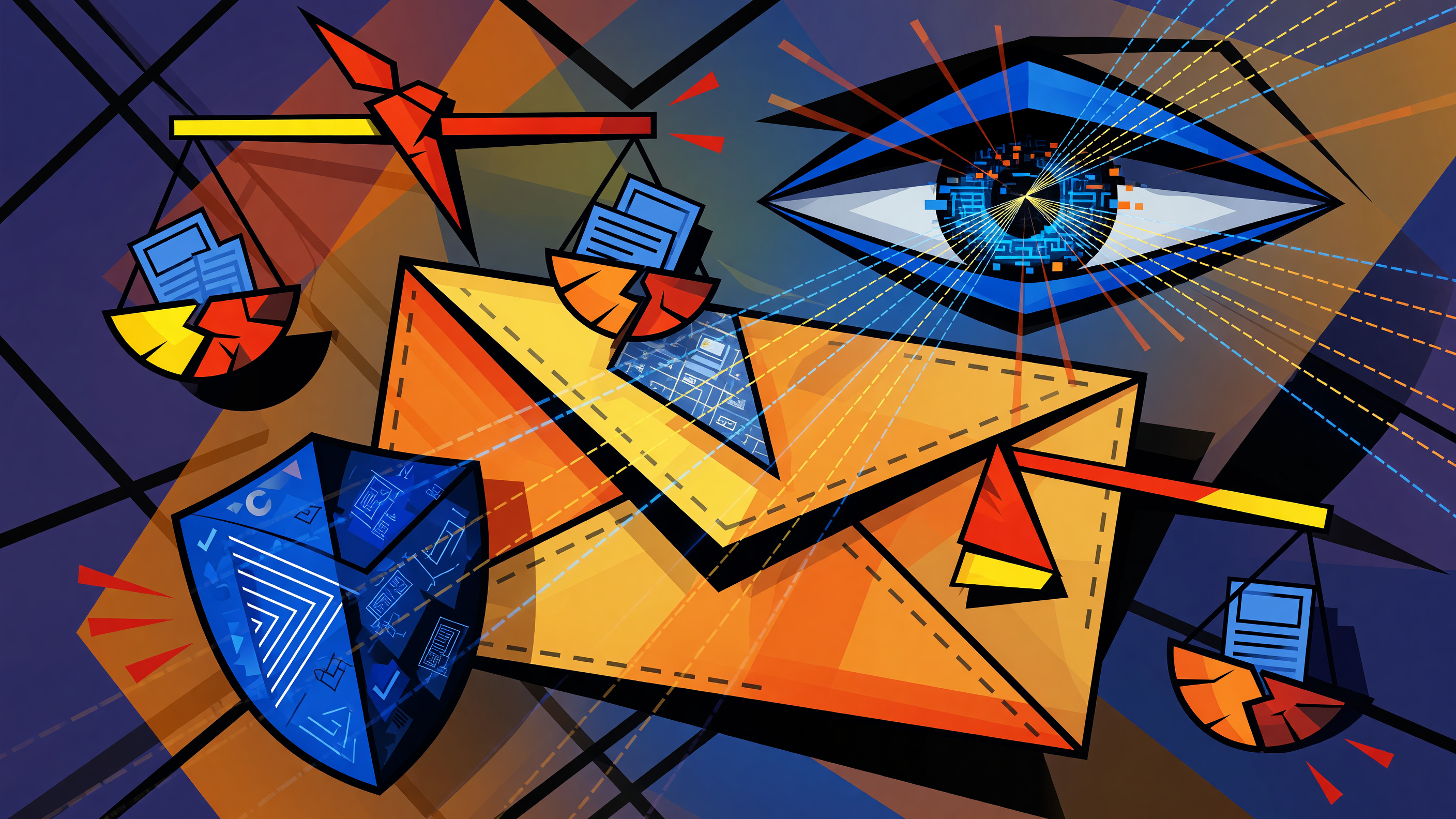 A Picasso-style abstract painting of a stylized email envelope being scanned by a futuristic eye, with geometric legal symbols like a balance scale, shield, and
