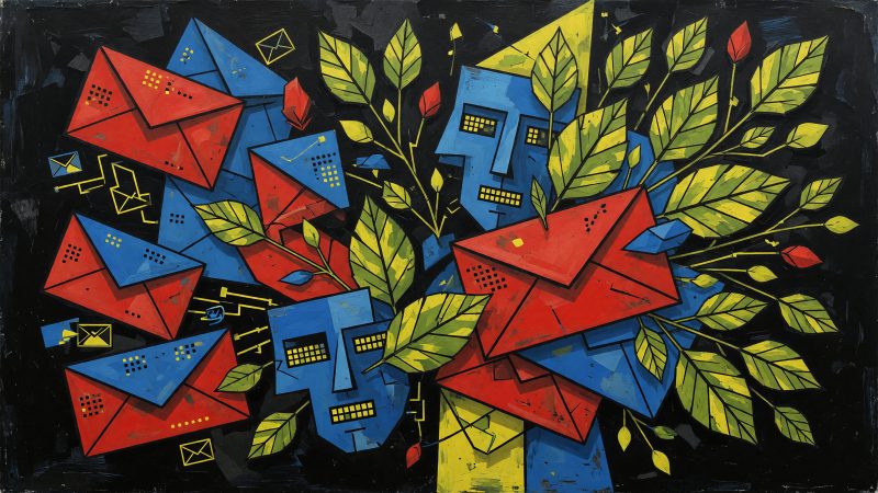 A vibrant Picasso-style abstract painting where digital faces and envelopes intertwine and transform into fresh, budding leaves, symbolizing the renewal of emai