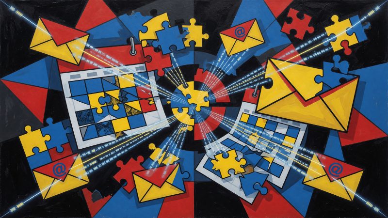 A Picasso-style abstract painting depicting a futuristic calendar with glowing data streams, puzzle pieces, and email icons merging into a harmonious, predictiv