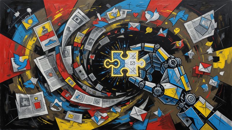 An abstract, Picasso-style painting of a robotic hand selecting glowing puzzle pieces from a swirling vortex of news articles, product images, and social media 