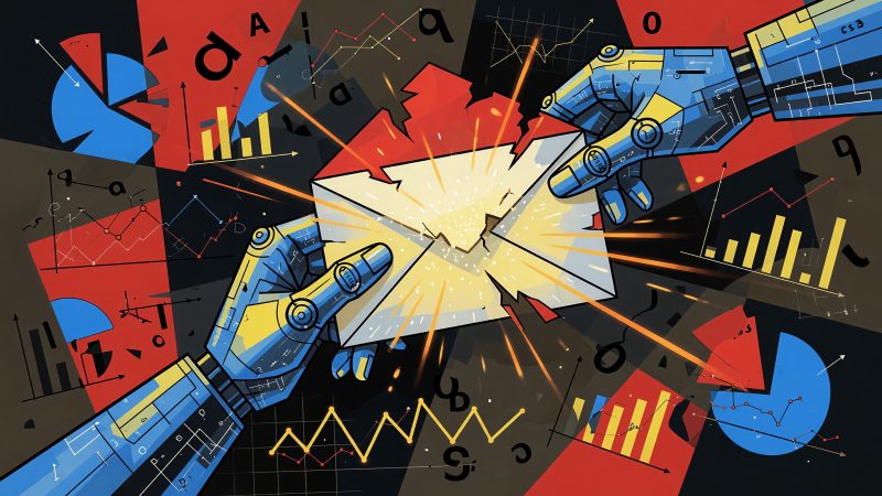 A Picasso-style abstract painting depicting a robotic hand holding a glowing envelope, with fragmented text and analytical graphs swirling around it, symbolizin
