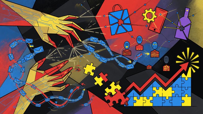 A Picasso-style abstract painting depicting a digital marketer's hands orchestrating glowing, interconnected product symbols and customer avatars, with flowing 