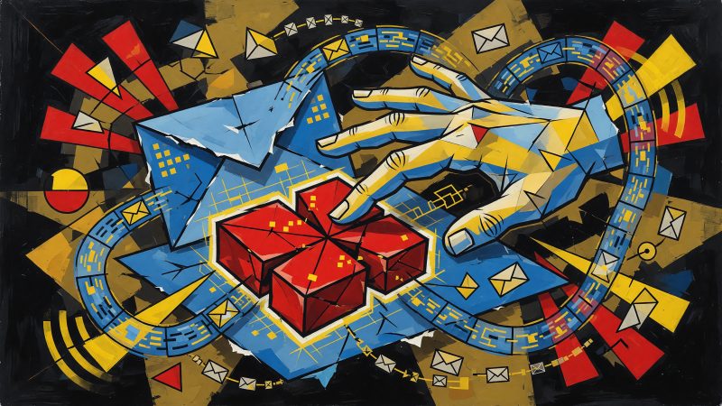 A Picasso-style abstract painting featuring a hand clicking a vibrant, fragmented email call-to-action button amidst swirling data streams and geometric shapes.