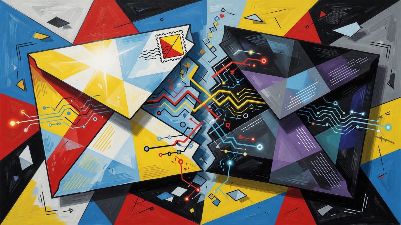 A cubist, Picasso-style abstract illustration of an email envelope splitting into two halves—one bathed in bright daylight colors, the other in sleek dark mode 