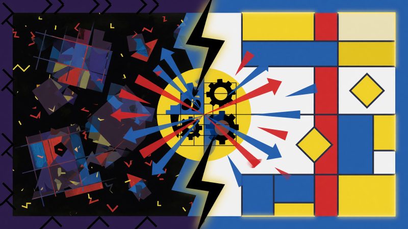A Picasso-style abstract hero image depicting a split screen of an email newsletter transforming from a jumbled, unreadable mess in dark mode into a crisp, harm