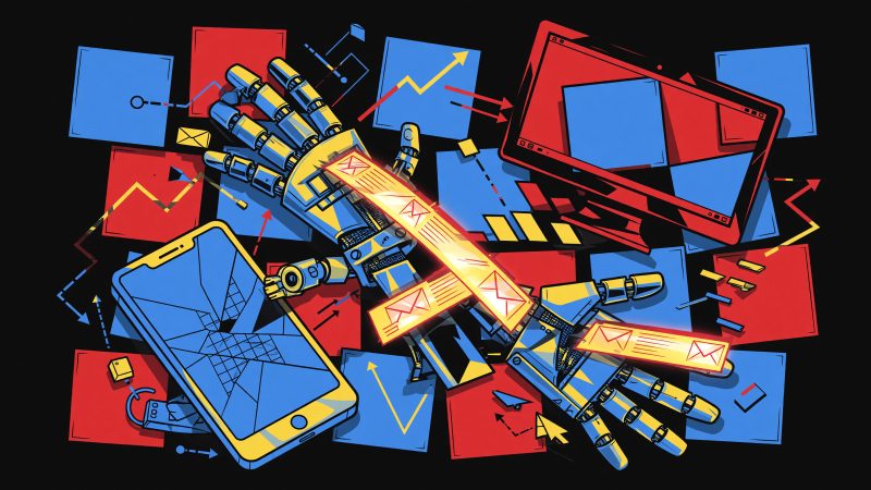 A Picasso-style abstract painting of a robotic hand weaving luminous email templates into a responsive grid, with fragments of mobile screens, desktop monitors,