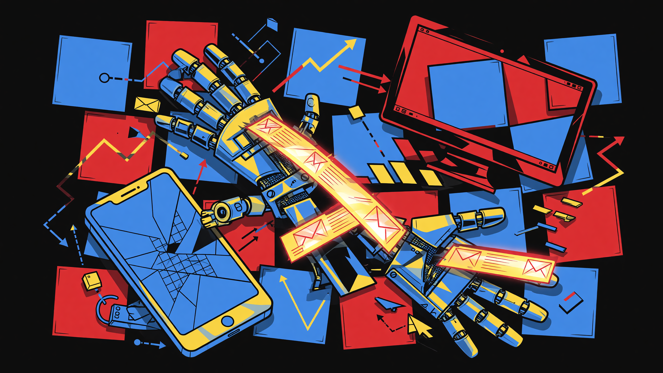 A Picasso-style abstract painting of a robotic hand weaving luminous email templates into a responsive grid, with fragments of mobile screens, desktop monitors,