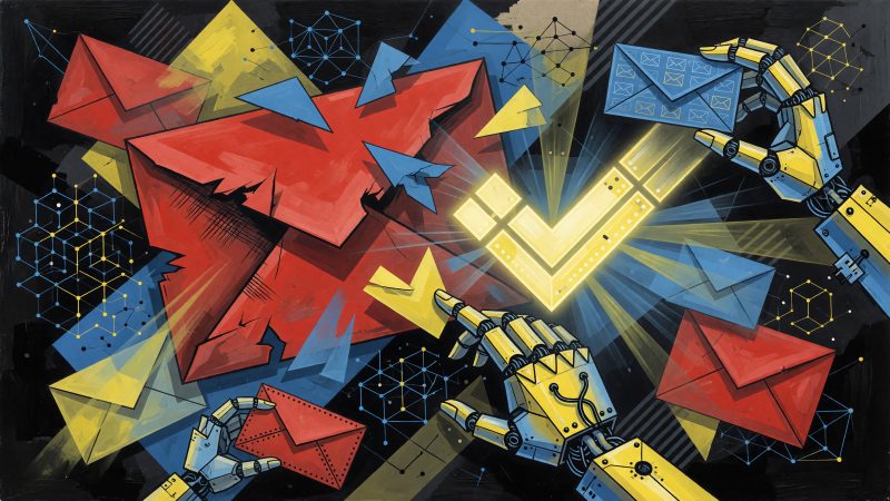 A Picasso-style abstract painting of a fragmented email envelope transforming into a glowing checkmark, with geometric AI patterns and robotic hands orchestrati