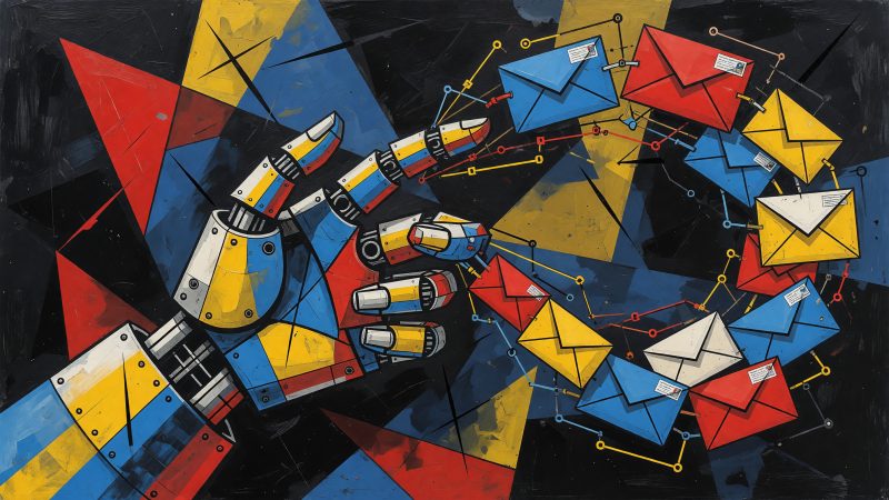 A Picasso-style abstract hero image depicting a robotic hand orchestrating a flowing stream of colorful, interconnected email envelopes, symbolizing the artful 