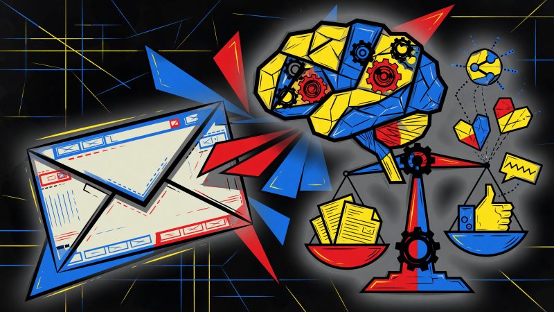 An abstract Picasso-style painting depicting a stylized email footer transforming into a digital brain, with gears, legal scales, and blooming social icons symb