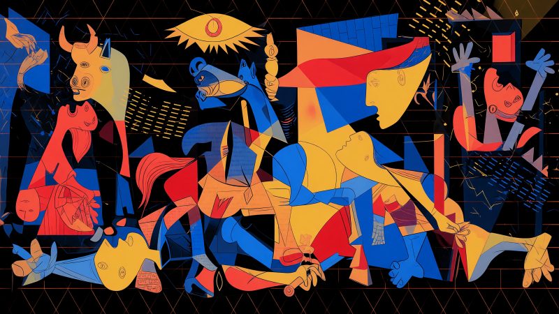 A Picasso-style abstract illustration where fragmented, angular shapes represent a multitude of email envelopes and human profiles, interwoven with glowing data
