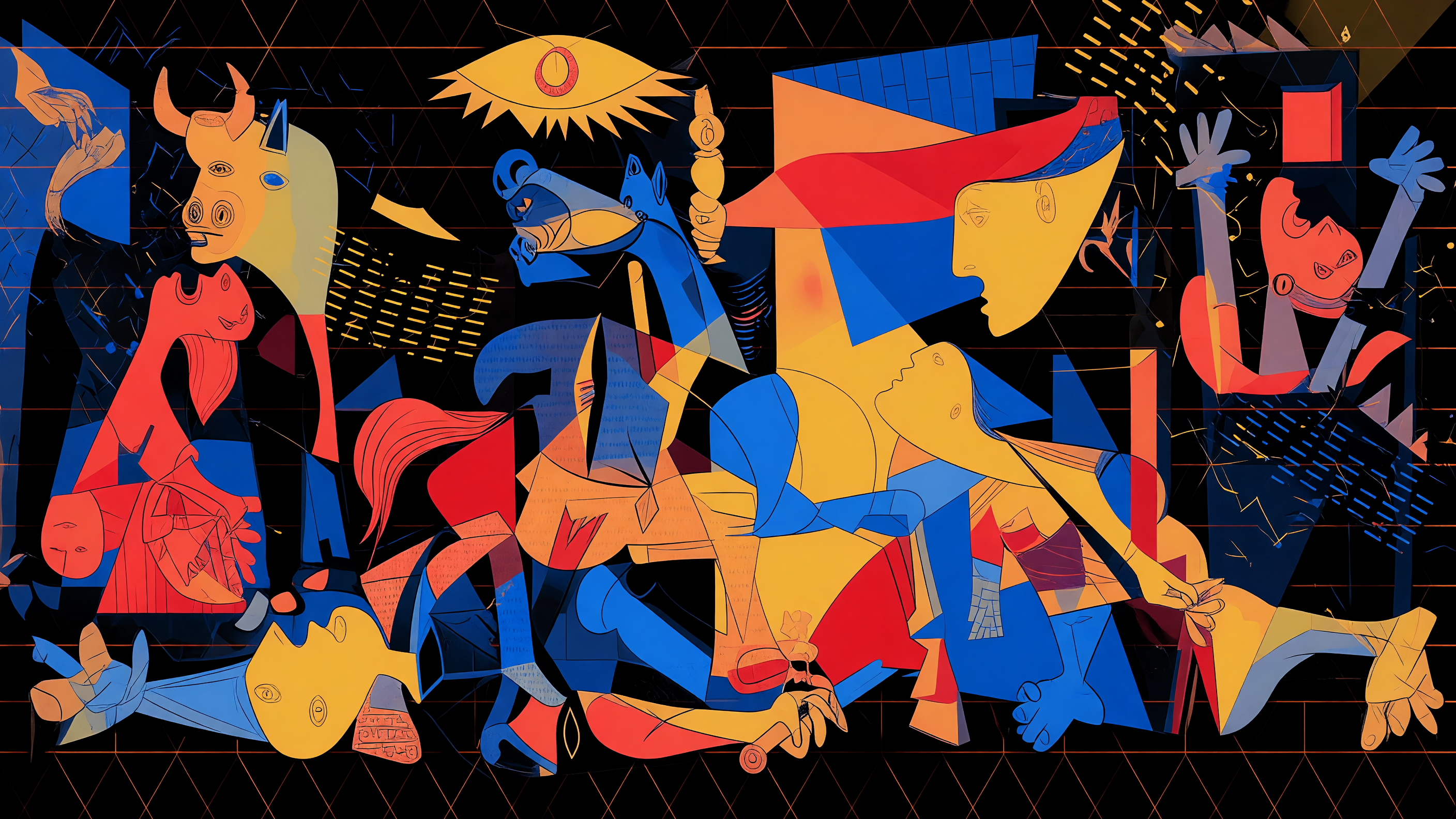A Picasso-style abstract illustration where fragmented, angular shapes represent a multitude of email envelopes and human profiles, interwoven with glowing data