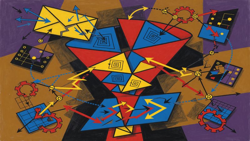 A Picasso-style abstract painting of a self-optimizing email funnel with geometric shapes, intersecting lines, and bold primary colors representing data flow, c