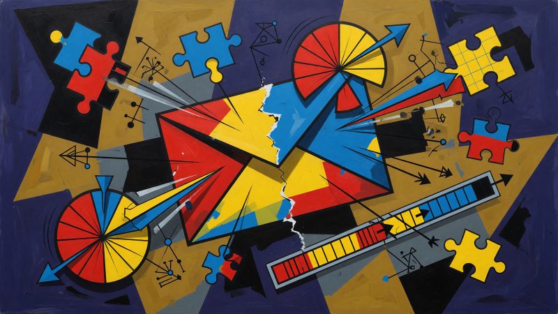 A Picasso-style abstract illustration of a fragmented, vibrant email icon bursting with playful game elements like spinning wheels, puzzle pieces, and progress 