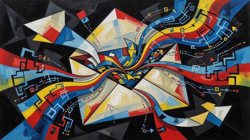 A Picasso-style abstract painting of a fragmented digital envelope bursting with flowing, colorful waves of compressed animated elements and glowing circuit-lik
