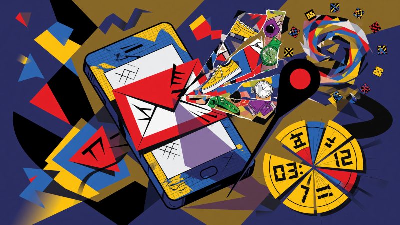 A vibrant, cubist composition of a smartphone screen displaying a dynamic email with a personalized image morphing into a product collage, a map pin, and a coun